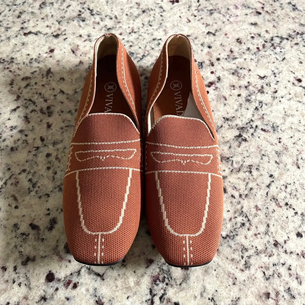 VIVAIA Loafers Womens 41 Rust Orange Knit Square Toe Trompe L'oeil Preppy Flats